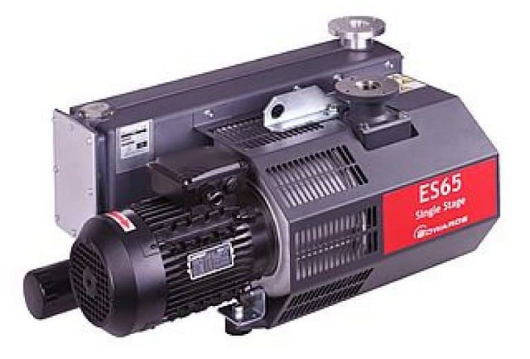 A metal ES65 single-stage vacuum pump with a rectangular casing, power switch, and motor unit attached, often utilized alongside Air Compressor Parts and Accessories.