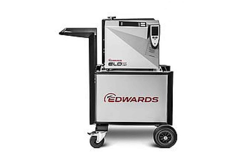 A mobile equipment unit labeled "EDWARDS," featuring a box-like apparatus on top of a wheeled cart, specifically designed for housing air compressor parts and accessories.