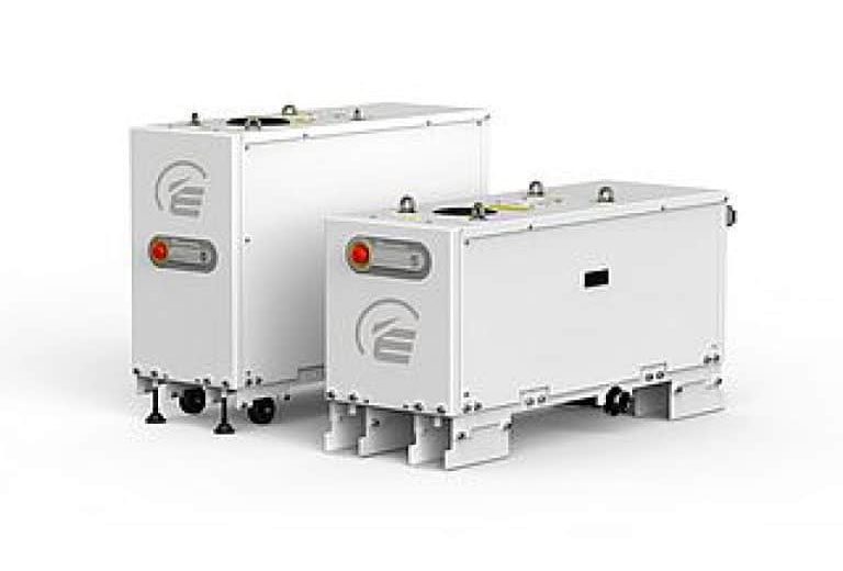 Two white, rectangular industrial equipment units with logos and red buttons on a white background. The units, designed as air compressor parts and accessories, are fitted with various connectors and sensors.