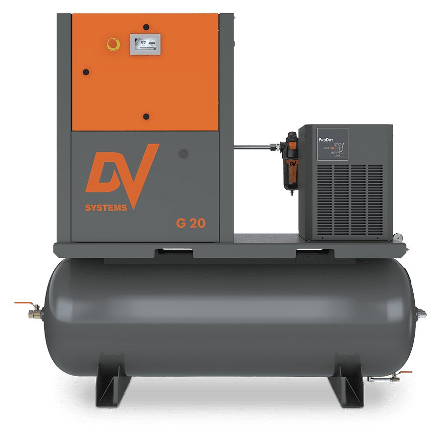 <b>DV Rotary Screw Compressors: </b>The DV Systems Rotary Screw Air Compressors made and manufactured in Canada, ranges in size from 5-200 HP, delivering compressed air with performance-driven, efficient & quiet. Innovative component combination results in a compact, quiet air system engineered for efficiency & presentation, delivering high-capacity air delivery with minimal installation space. Systems offered are tank mounted, base mounted, with or without the inclusion of a refrigerated dryer.